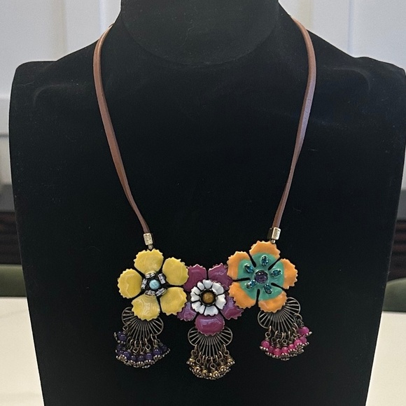 TOVA Jewelry - TOVA - Vibrant Boho Floral Enamel Brass Necklace on Brown Leather Cord - 18 in.